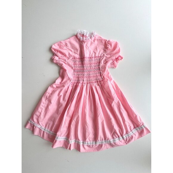 Vintage Girl's Pink Cotton Smocked Lace Trim Peasant Dress, Size M (8-9) - Picture 1 of 10